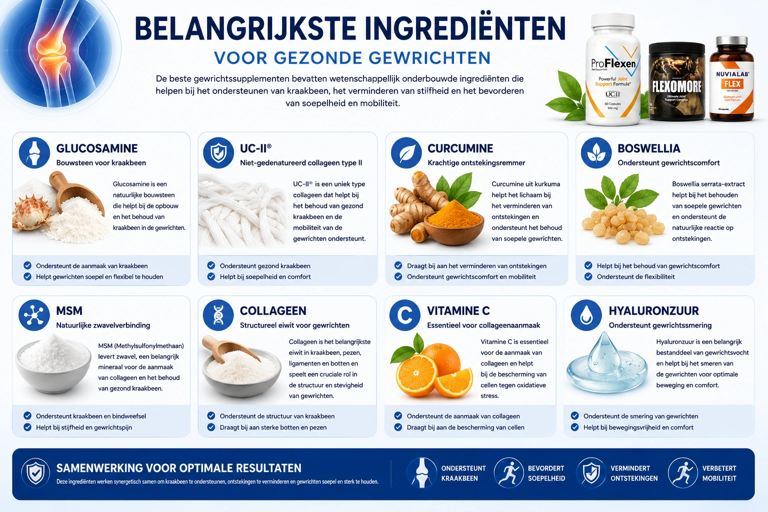 Infografiek met de belangrijkste ingrediënten voor gezonde gewrichten, waaronder glucosamine, collageen, MSM, curcumine en Boswellia Serrata.