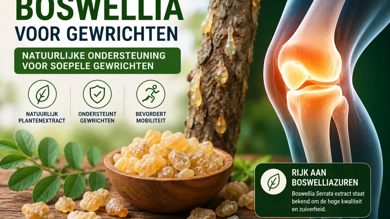 Boswellia Serrata voor gewrichten met illustratie van een knie en natuurlijke hars van de Boswellia-boom.