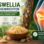 Boswellia Serrata voor gewrichten met illustratie van een knie en natuurlijke hars van de Boswellia-boom.