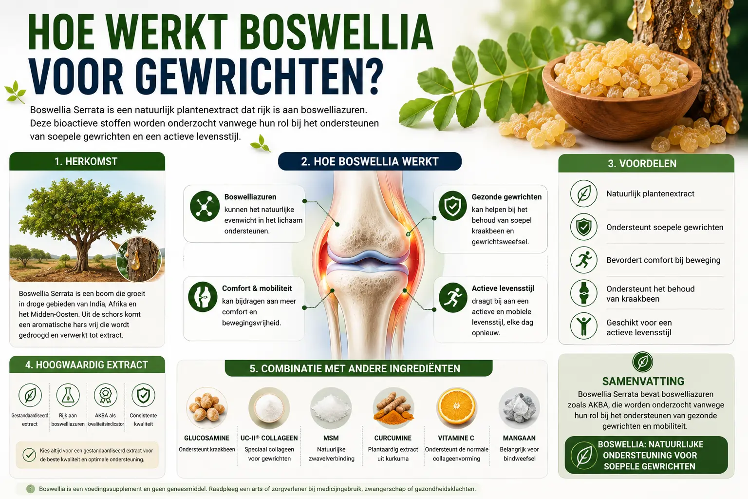 Samenvatting van Boswellia voor gewrichten met de belangrijkste voordelen, kwaliteitscriteria, dosering en natuurlijke ondersteuning voor soepele gewrichten.