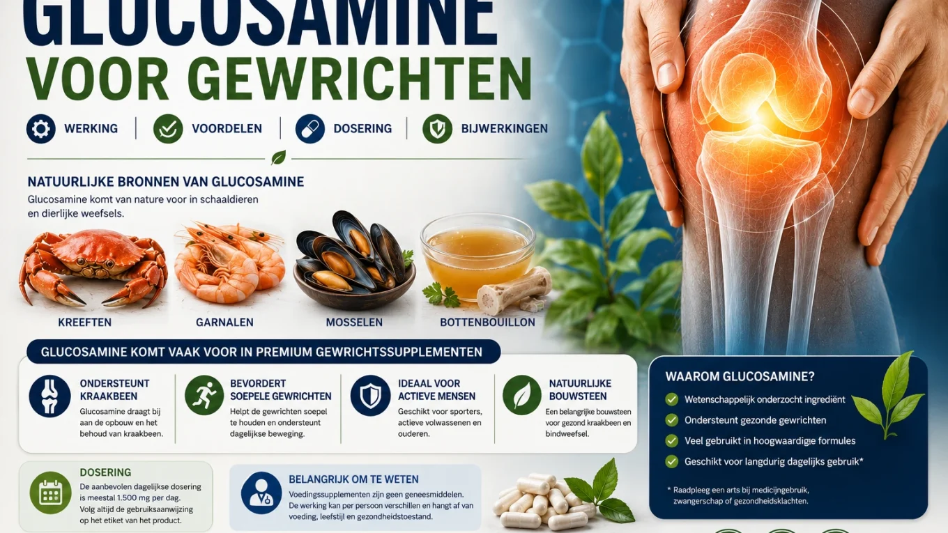Glucosamine voor gewrichten ondersteunt gezond kraakbeen en soepele beweging.