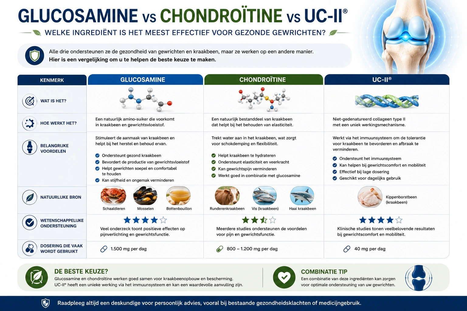 Vergelijking tussen glucosamine, chondroïtine en UC-II voor ondersteuning van gezonde gewrichten en kraakbeen.