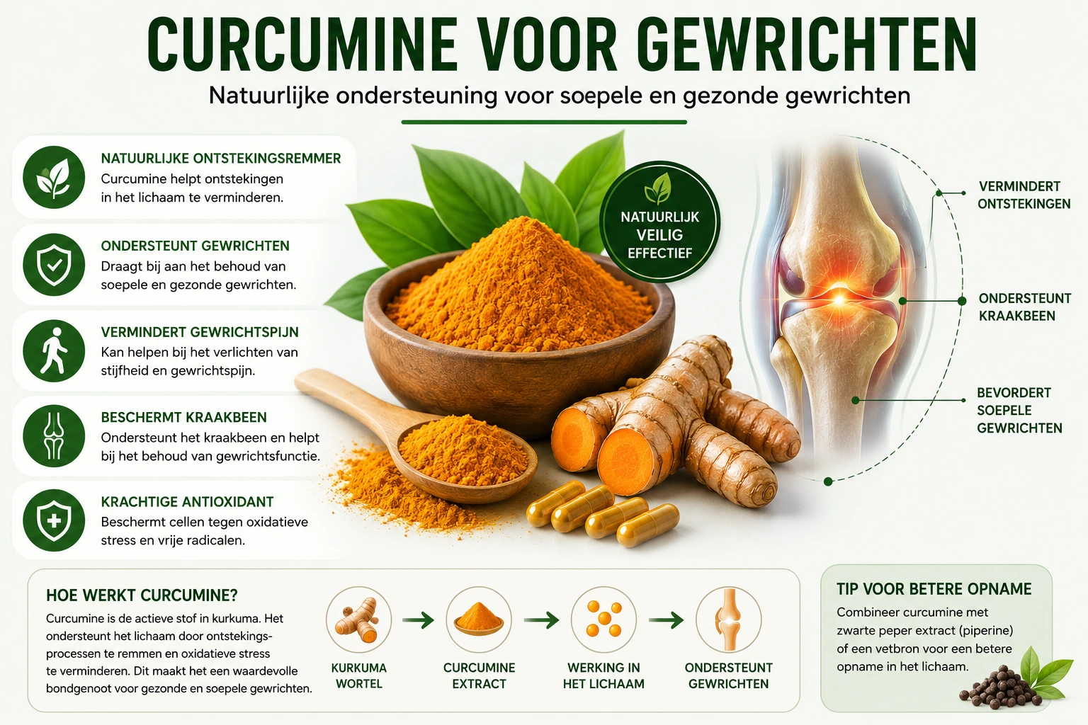 Infografiek over hoe curcumine werkt voor gewrichten en de voordelen voor gezonde gewrichten