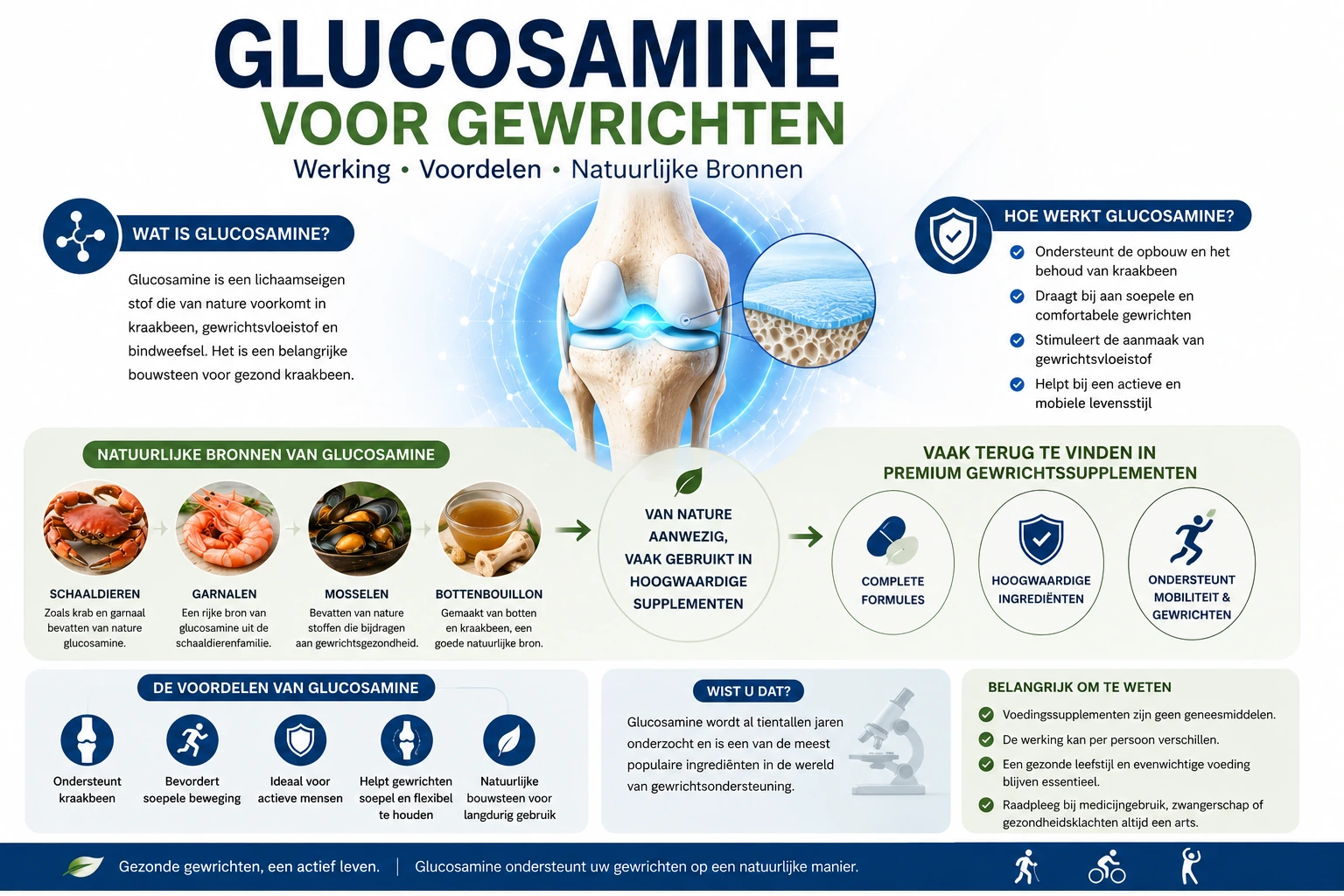 Infographic over hoe glucosamine werkt voor gezonde gewrichten en kraakbeen.