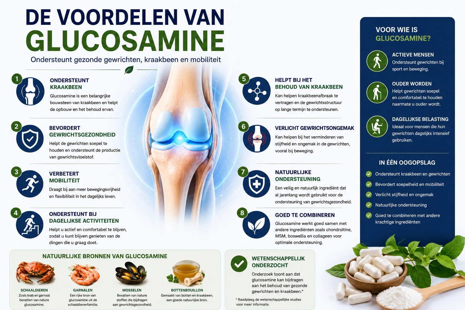 Infografiek over de voordelen van glucosamine voor gezonde gewrichten, kraakbeen en mobiliteit.