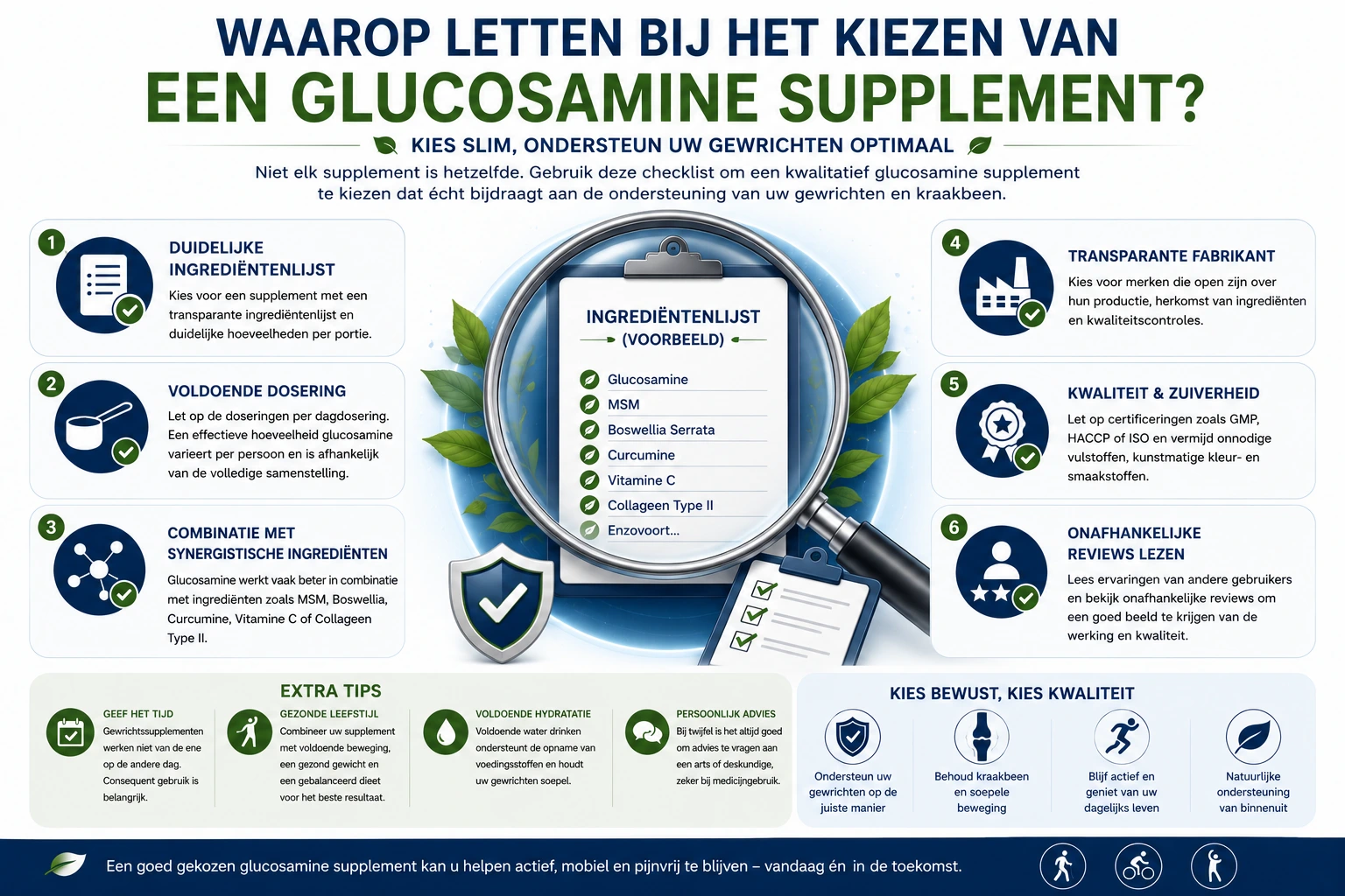 Infografiek met een checklist voor het kiezen van een kwalitatief glucosamine supplement voor gezonde gewrichten.